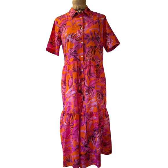 Vilagallo pink and orange tropical floral short sleeve tiered maxi dress L - Picture 5 of 8